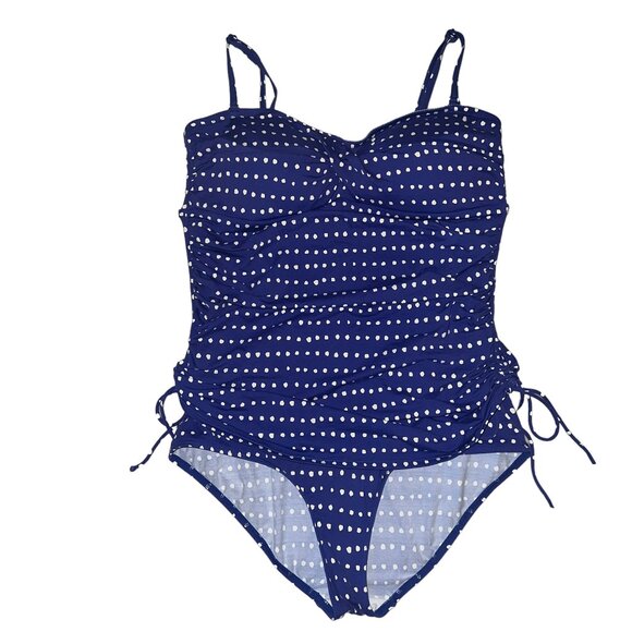 SO CUTE! JOULES Blue & White Dot One-Piece Ruched Swimsuit Size 10 - Picture 1 of 10